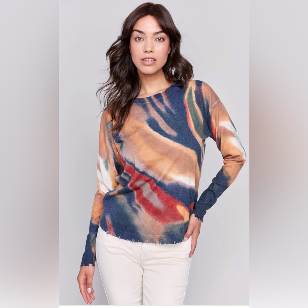Charlie B Printed Crew-Neck Ripped Edges Drop-Shoulder Plushy Sweater - M